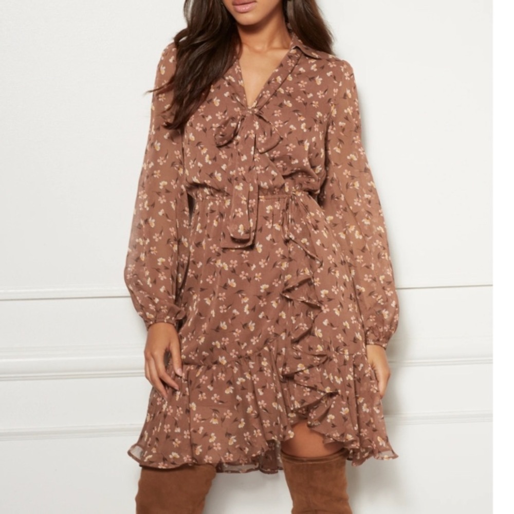 Eva Mendes Brown Floral Ruffled Faux Wrap Dress XS NWT